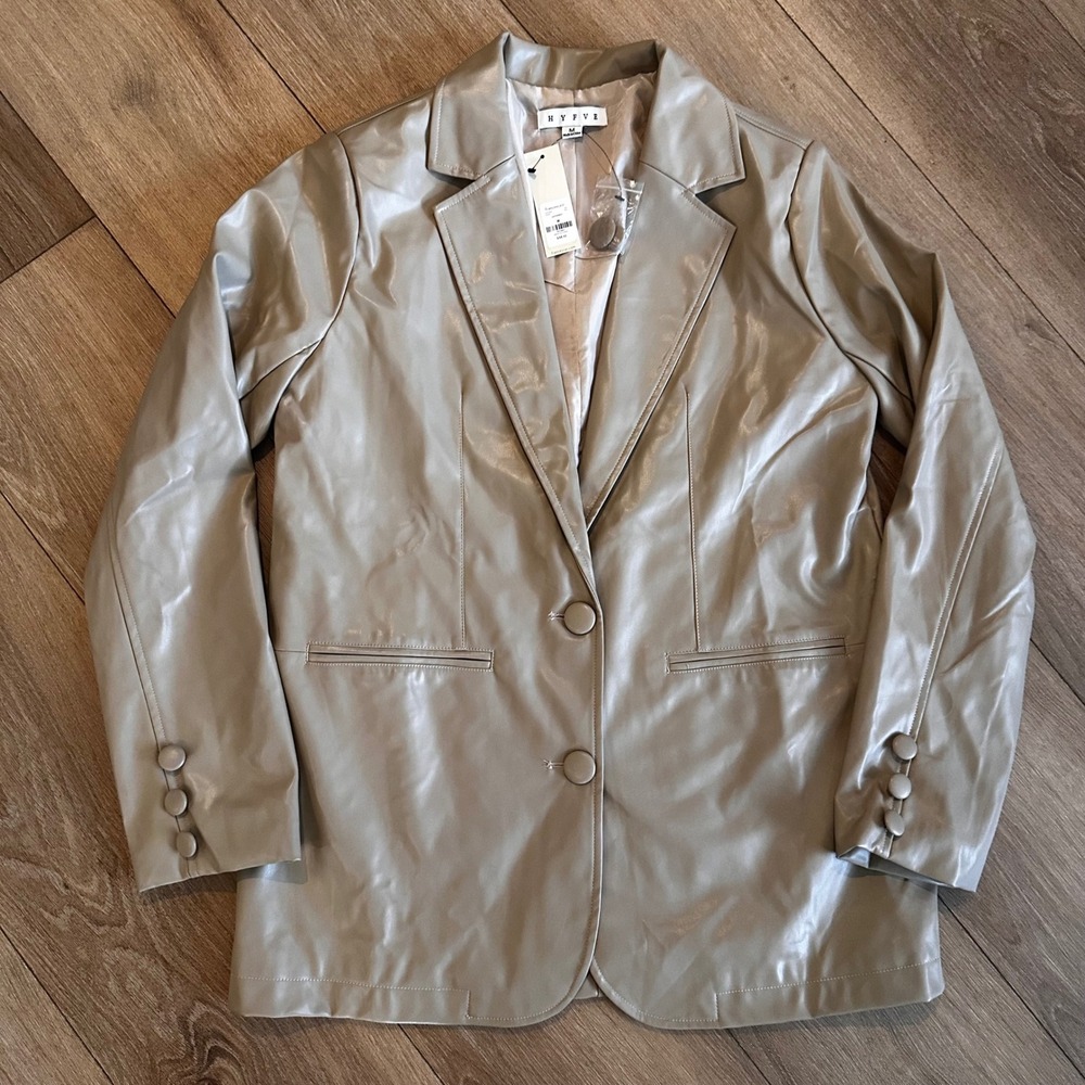 Hyfve Womens Taupe Faux Leather Blazer Jacket HF23G508 Size M NWT